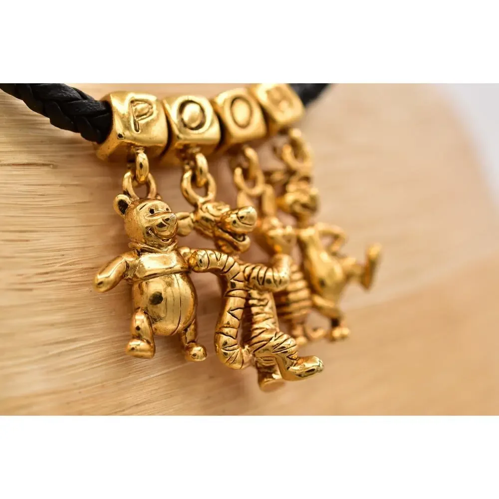 Disney Winnie the Pooh Charm Necklace Black Braided Cord Gold-Tone 1990s BinBE